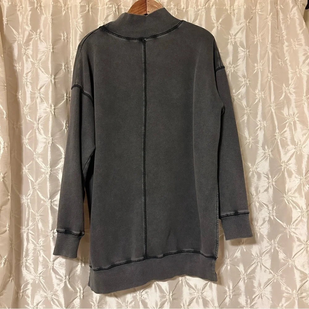 Free People Distressed Charcoal Gray Black Mock Neck Sweatshirt Tunic Side Slit